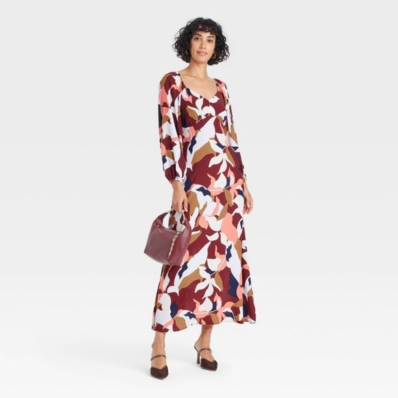 Crepe Maxi A-Line Dress - A New Day™ Red Floral V Neck, Balloon Sleeve 🆕 - Picture 3 of 6